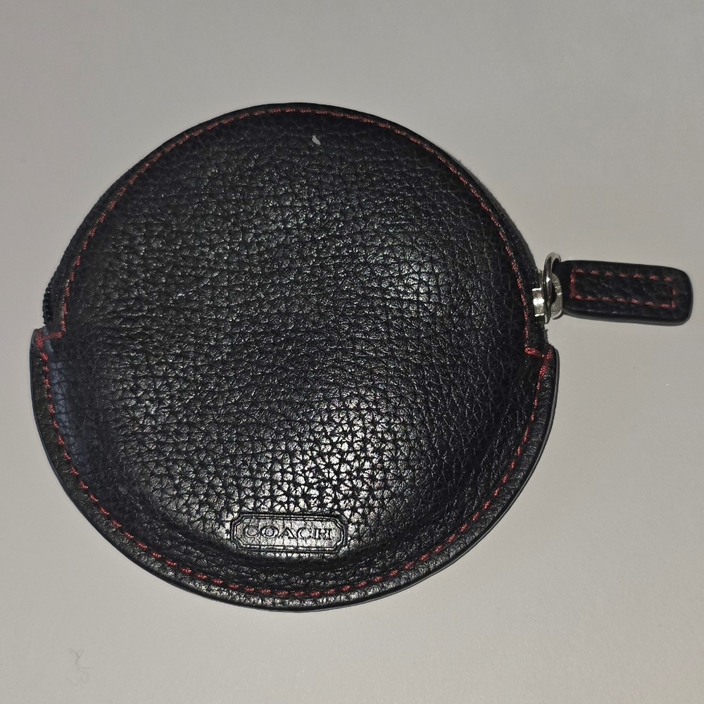 Coach Black Pebbled Leather Round Zip Coin Pouch with Red Stitching